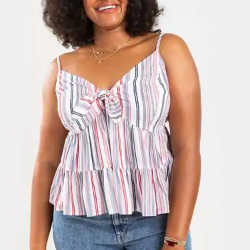 NEW Francescas 2X Red Blue White Striped Knot Tie Front Tank Top Blouse